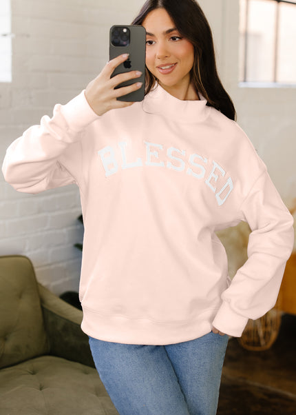Bright Pink Oversize Blessed Embroidered Mock Neck Sweatshirt