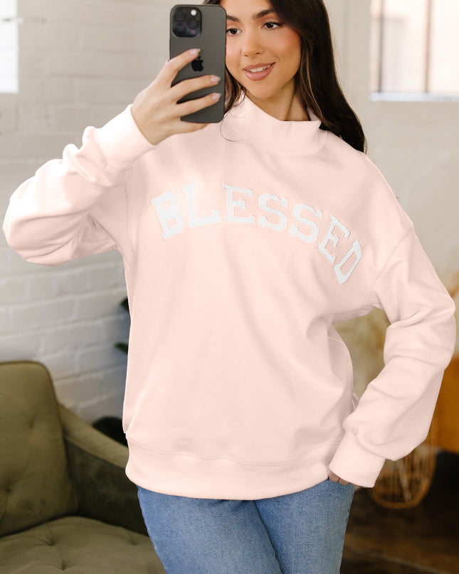 Bright Pink Oversize Blessed Embroidered Mock Neck Sweatshirt