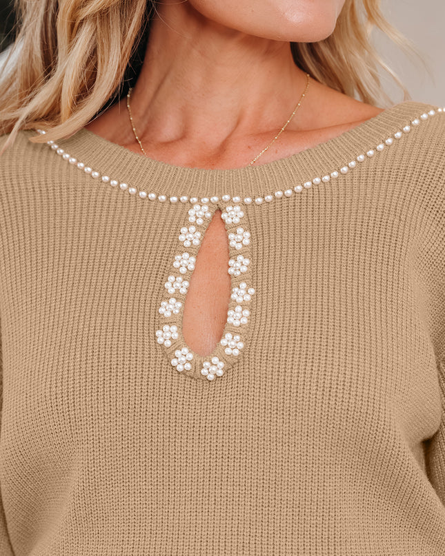 Smoke Gray Pearl Embellished Keyhole Ribbed Sweater Dress