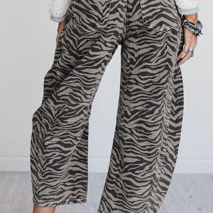 Gray Zebra Stripe Printed Wide Leg Jeans