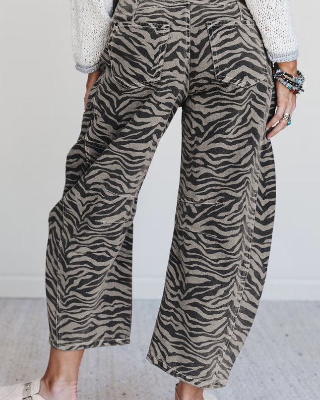 Gray Zebra Stripe Printed Wide Leg Jeans