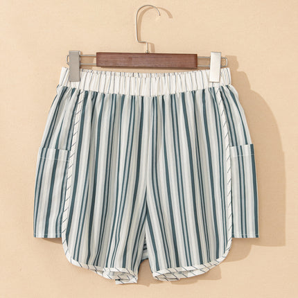 Gray Stripe Elastic Waist Cargo Pocket Casual Shorts