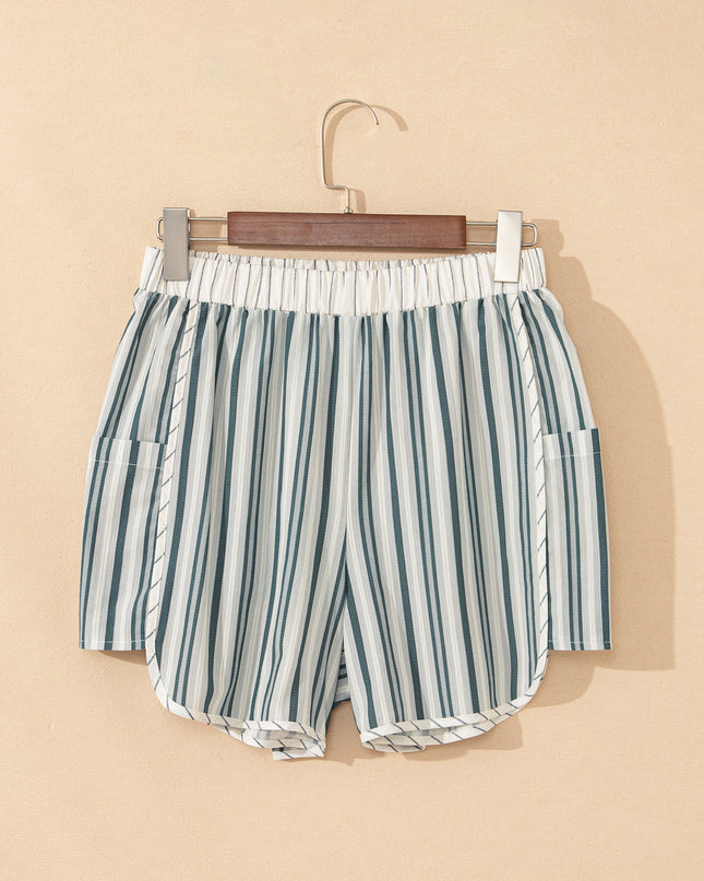 Gray Stripe Elastic Waist Cargo Pocket Casual Shorts