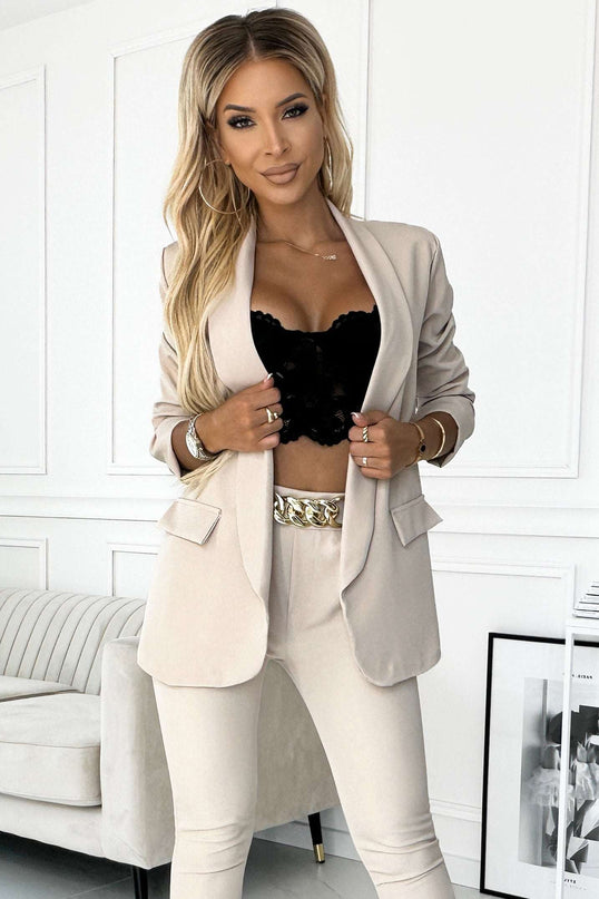 588-7 Women's classic blazer with draped sleeves - dark beige