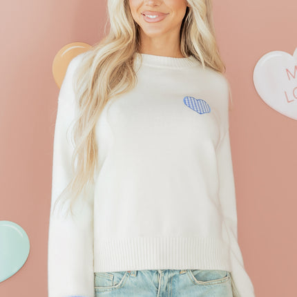 Light Pink Plaid Heart Embroidered Cuffed Drop Shoulder Crew Neck Sweater