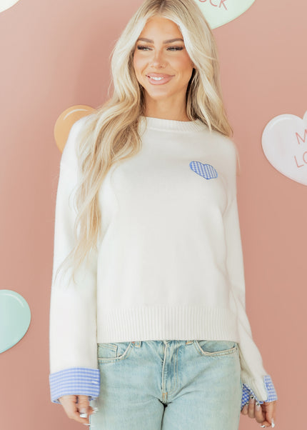 Light Pink Plaid Heart Embroidered Cuffed Drop Shoulder Crew Neck Sweater