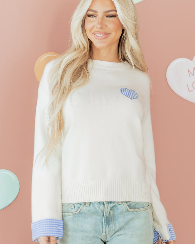 Light Pink Plaid Heart Embroidered Cuffed Drop Shoulder Crew Neck Sweater