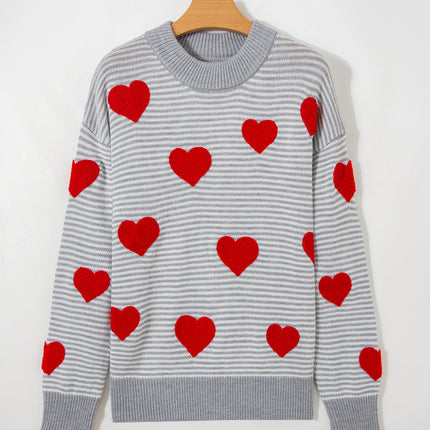 Gray Stripe Contrast Heart Pattern Valentine Knit Sweater