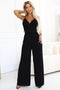 593-3 Elegant Jumpsuit with Wrap Neckline, Wide Legs and Belt - Black