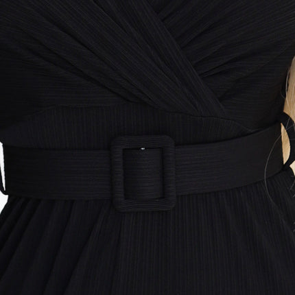 593-3 Elegant Jumpsuit with Wrap Neckline, Wide Legs and Belt - Black