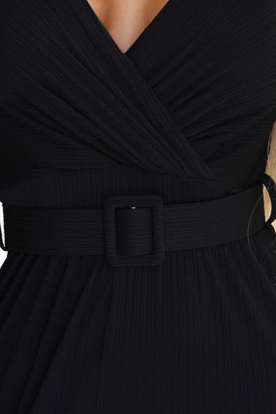 593-3 Elegant Jumpsuit with Wrap Neckline, Wide Legs and Belt - Black