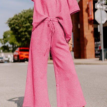 Black Textured Loose Fit T Shirt and Drawstring Pants Set