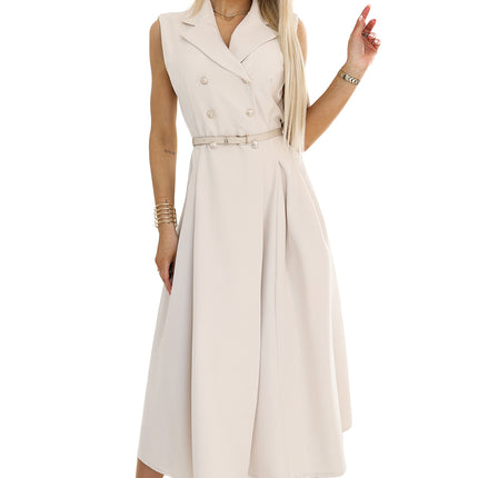 596-1 Elegant midi shirt dress with gold buttons and belt - beige