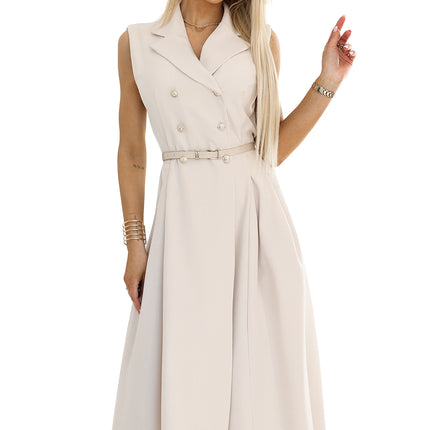 596-1 Elegant midi shirt dress with gold buttons and belt - beige
