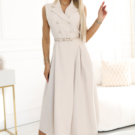 596-1 Elegant midi shirt dress with gold buttons and belt - beige