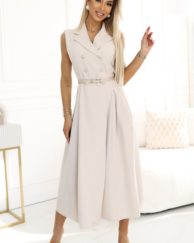 596-1 Elegant midi shirt dress with gold buttons and belt - beige