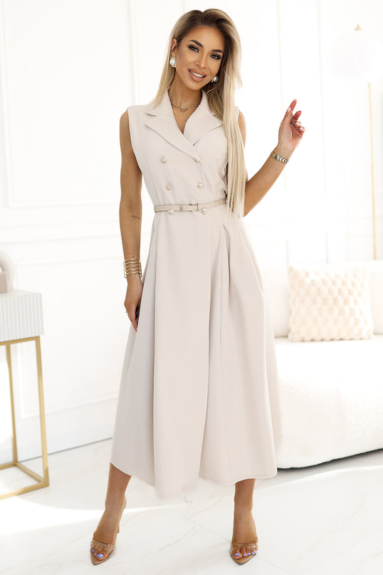 596-1 Elegant midi shirt dress with gold buttons and belt - beige