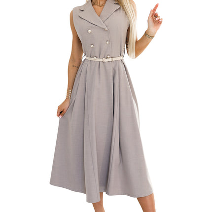 596-2 Elegant midi shirt dress with gold buttons and belt - gray beige