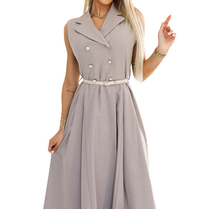 596-2 Elegant midi shirt dress with gold buttons and belt - gray beige