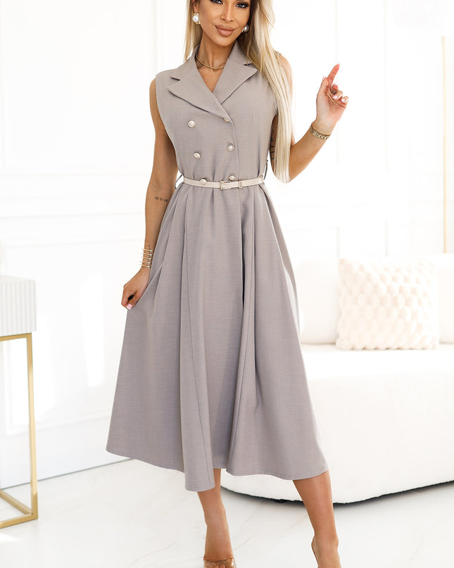 596-2 Elegant midi shirt dress with gold buttons and belt - gray beige