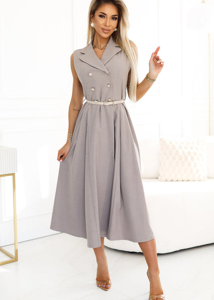596-2 Elegant midi shirt dress with gold buttons and belt - gray beige