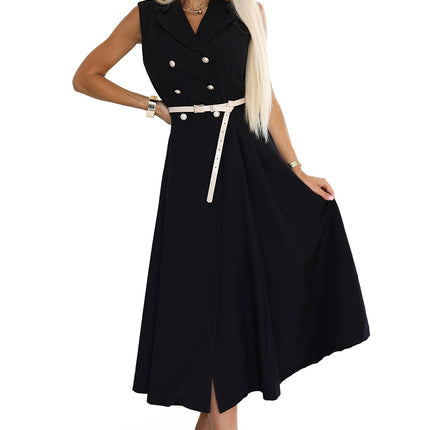 596-3 Elegant midi shirt dress with gold buttons and belt - black