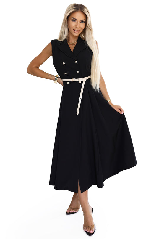 596-3 Elegant midi shirt dress with gold buttons and belt - black