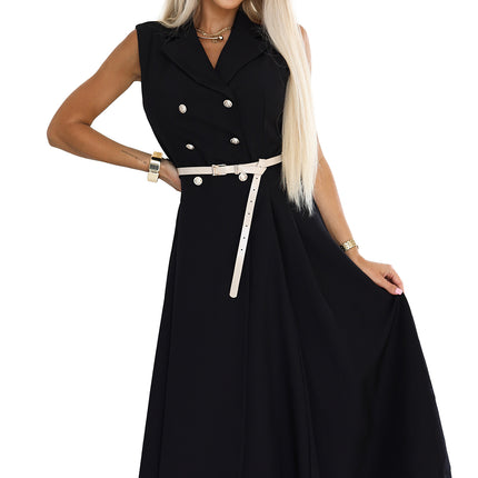 596-3 Elegant midi shirt dress with gold buttons and belt - black