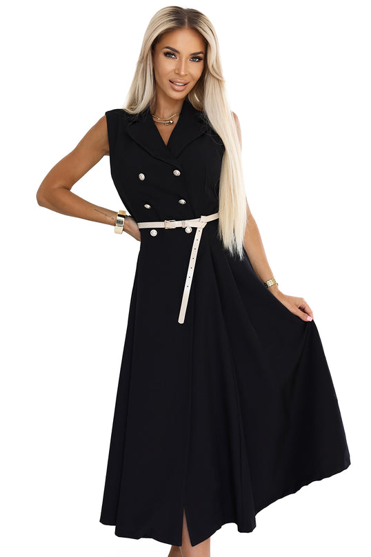 596-3 Elegant midi shirt dress with gold buttons and belt - black