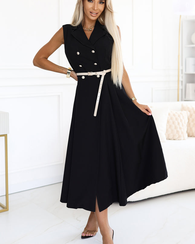 596-3 Elegant midi shirt dress with gold buttons and belt - black