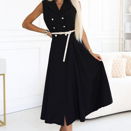 596-3 Elegant midi shirt dress with gold buttons and belt - black