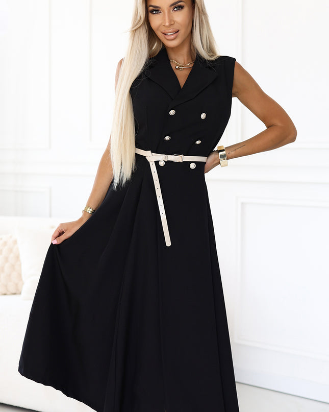 596-3 Elegant midi shirt dress with gold buttons and belt - black
