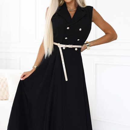 596-3 Elegant midi shirt dress with gold buttons and belt - black