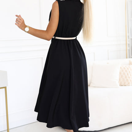 596-3 Elegant midi shirt dress with gold buttons and belt - black