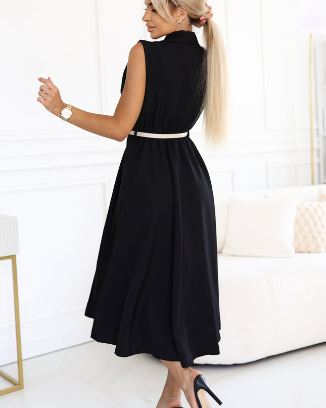 596-3 Elegant midi shirt dress with gold buttons and belt - black