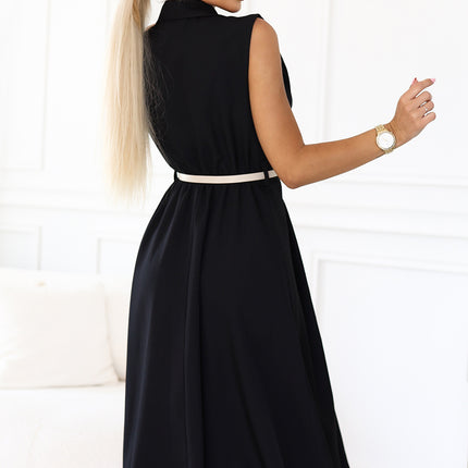 596-3 Elegant midi shirt dress with gold buttons and belt - black