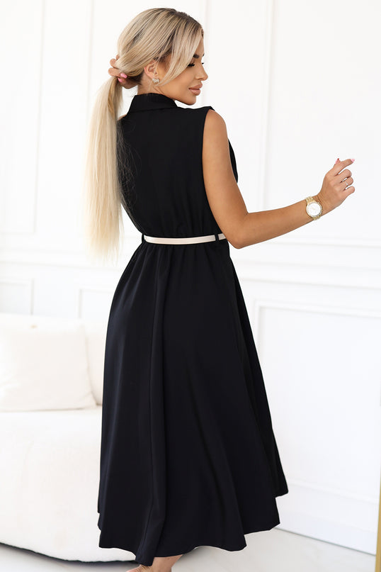 596-3 Elegant midi shirt dress with gold buttons and belt - black
