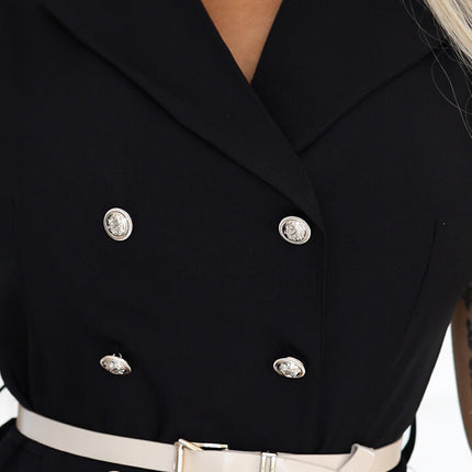 596-3 Elegant midi shirt dress with gold buttons and belt - black