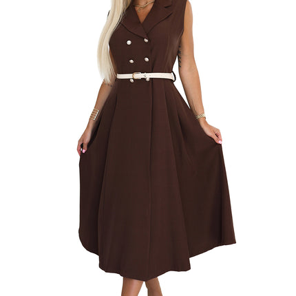 596-4 Elegant midi shirt dress with gold buttons and belt - chocolate