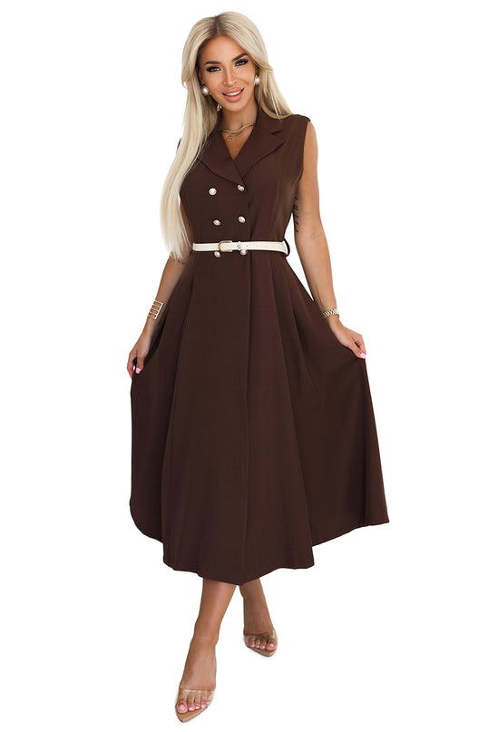 596-4 Elegant midi shirt dress with gold buttons and belt - chocolate