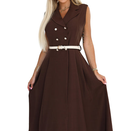 596-4 Elegant midi shirt dress with gold buttons and belt - chocolate