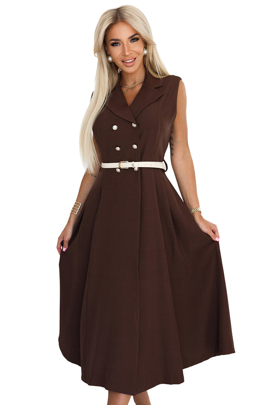 596-4 Elegant midi shirt dress with gold buttons and belt - chocolate