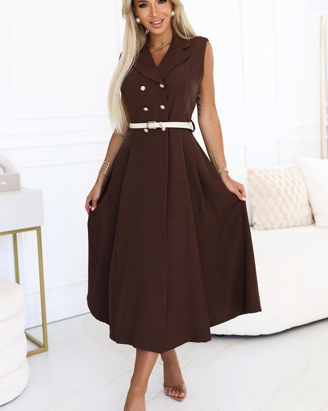596-4 Elegant midi shirt dress with gold buttons and belt - chocolate