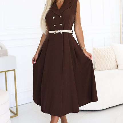 596-4 Elegant midi shirt dress with gold buttons and belt - chocolate