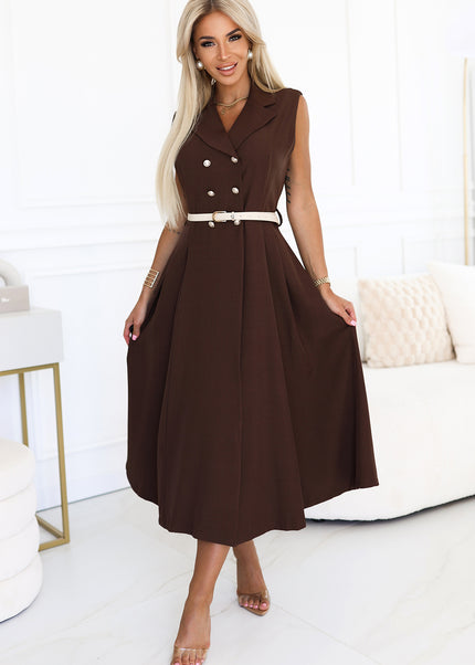 596-4 Elegant midi shirt dress with gold buttons and belt - chocolate