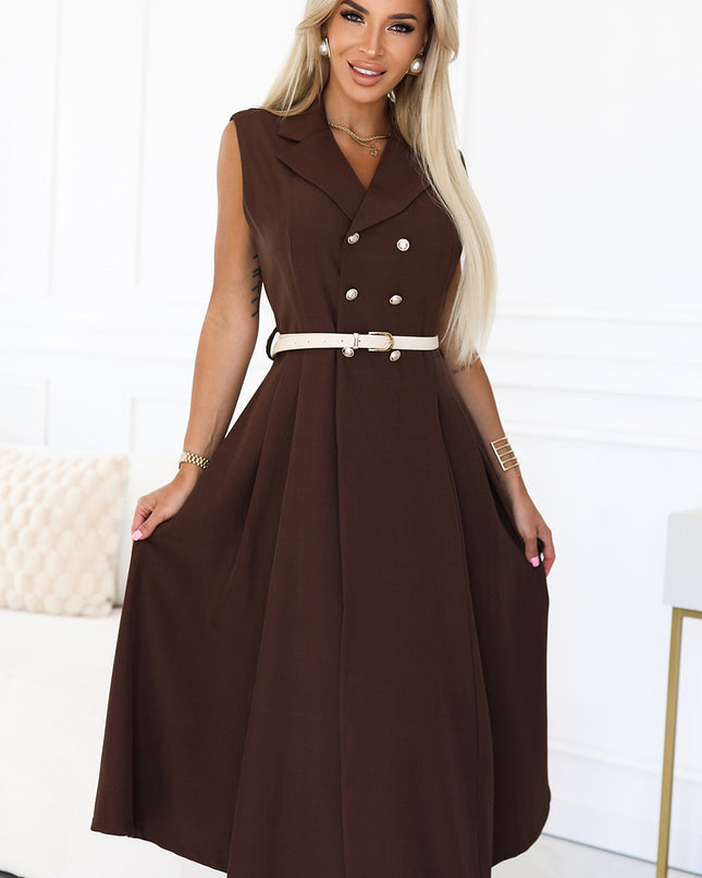 596-4 Elegant midi shirt dress with gold buttons and belt - chocolate