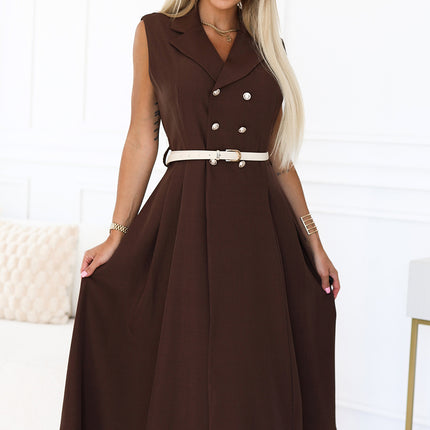 596-4 Elegant midi shirt dress with gold buttons and belt - chocolate
