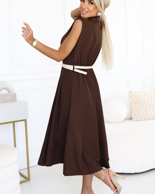 596-4 Elegant midi shirt dress with gold buttons and belt - chocolate