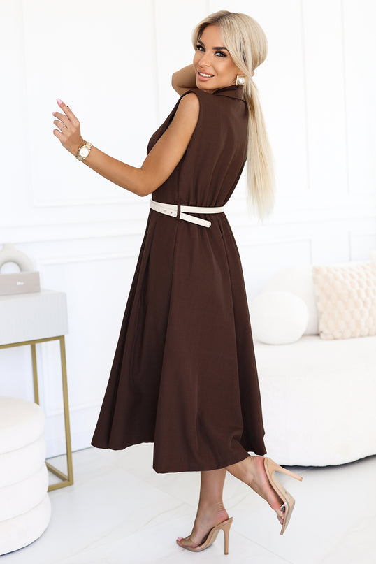 596-4 Elegant midi shirt dress with gold buttons and belt - chocolate