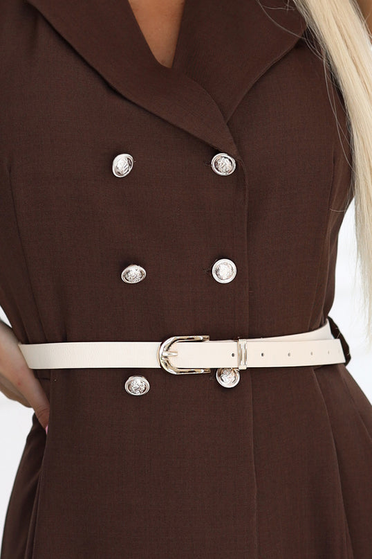 596-4 Elegant midi shirt dress with gold buttons and belt - chocolate